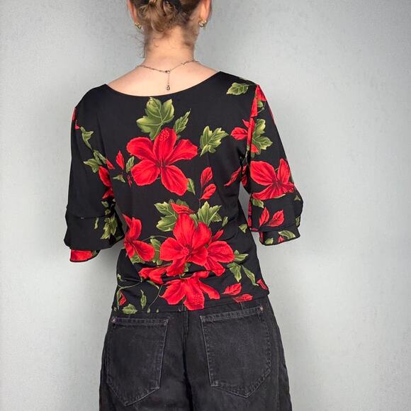 Black floral print ruffle sleeve red flowered boho work - Picture 7 of 8